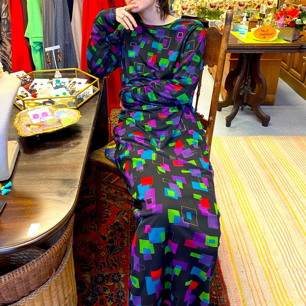 1990’s Abstract Square Print 2-piece Maxi Skirt Set, Slinky, Stretchy Fabric
